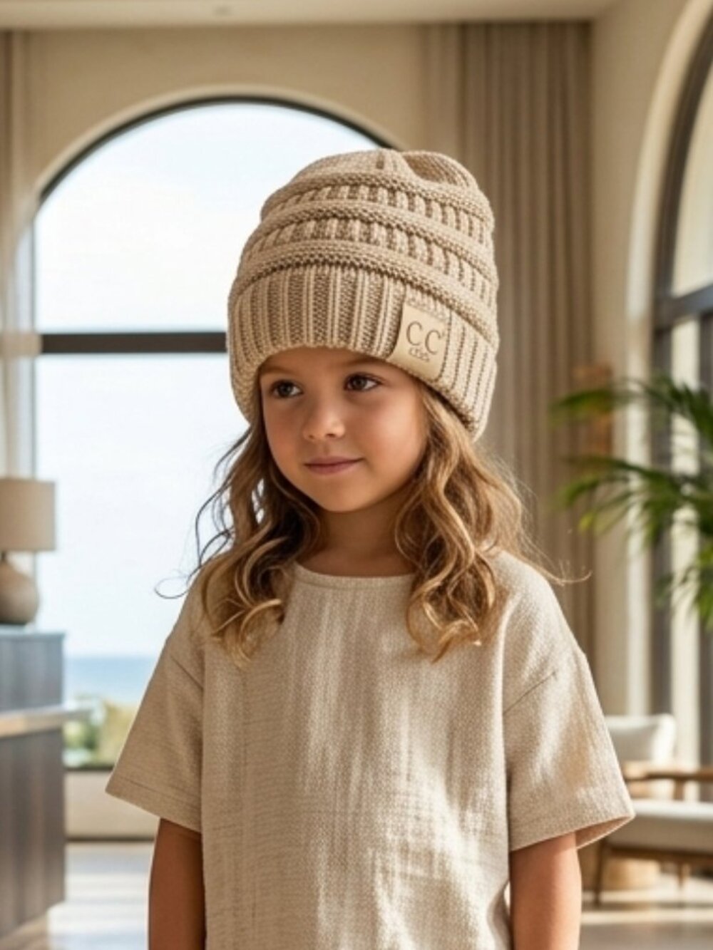 C.C Kids Beige Knitted Beanie Winter Hat One Size